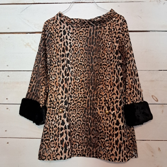 Tizzie Leopard Print Tunic Top Fur Cuffs Art To Wear Women Small Mock Neck - Picture 1 of 8